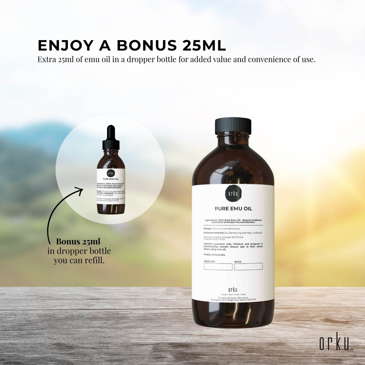 Orku 1L Pure Emu Oil + Bonus 25ml Bottle - Australian Dromaius Novaehollandiae