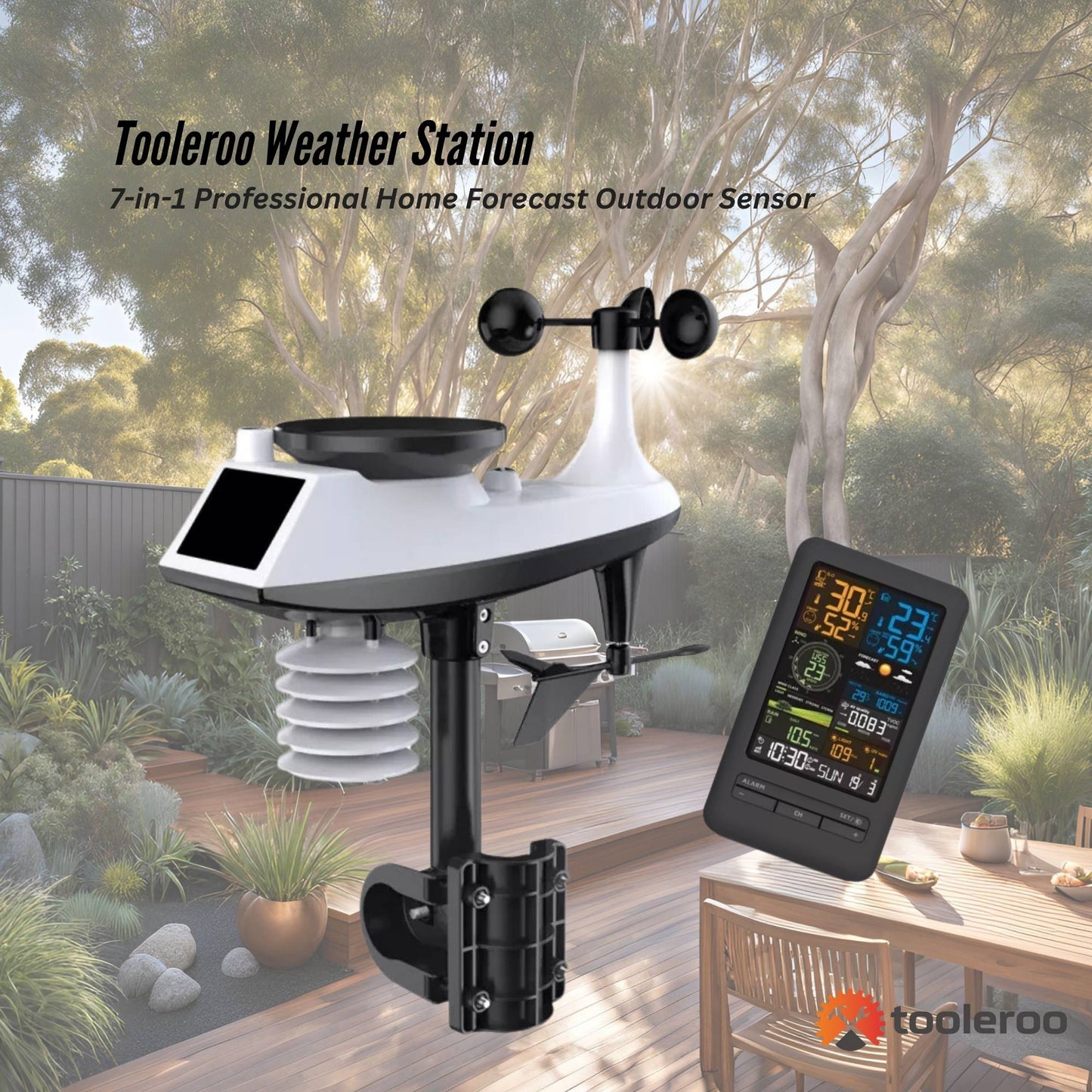 Tooleroo Wireless 7-in-1 Smart Weather Station with WiFi Bluetooth, TUYA App, Outdoor Sensor