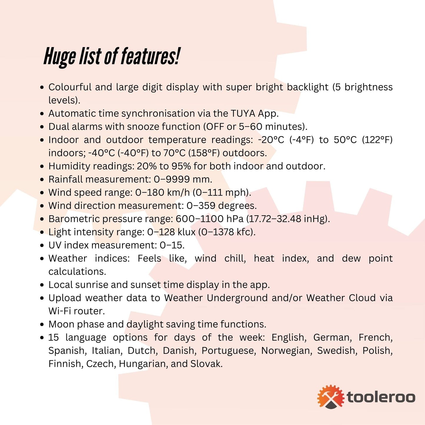 Tooleroo Wireless 7-in-1 Smart Weather Station with WiFi Bluetooth, TUYA App, Outdoor Sensor