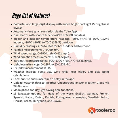 Tooleroo Wireless 7-in-1 Smart Weather Station with WiFi Bluetooth, TUYA App, Outdoor Sensor