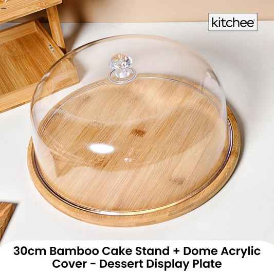 Kitchee 30cm Bamboo Cake Stand + Dome Acrylic Cover - Dessert Display Plate – view 2