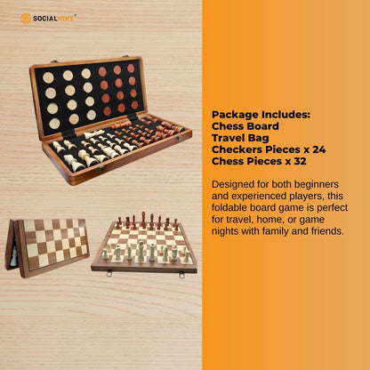 Social Hike Wooden Chess & Checkers 2 in 1 – Magnetic Travel Foldable Board Game
