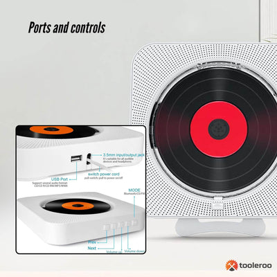 Tooleroo Wall Mountable CD Player Speaker - Bluetooth HiFi FM Radio White