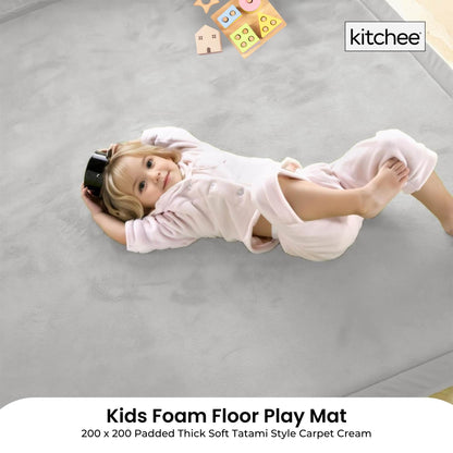 Kitchee Kids Foam Floor Play Mat 200x200cm – Padded Thick Soft Tatami Style Grey