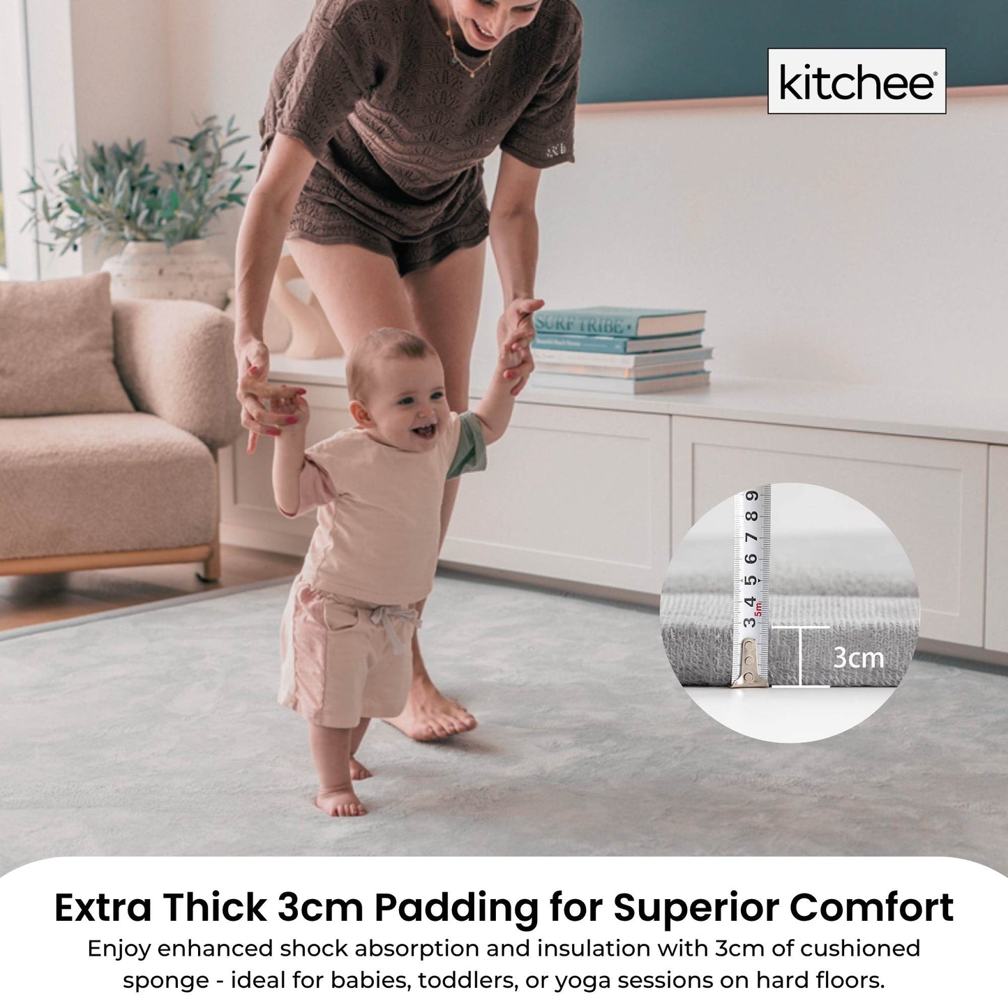 Kitchee Kids Foam Floor Play Mat 200x200cm – Padded Thick Soft Tatami Style Grey