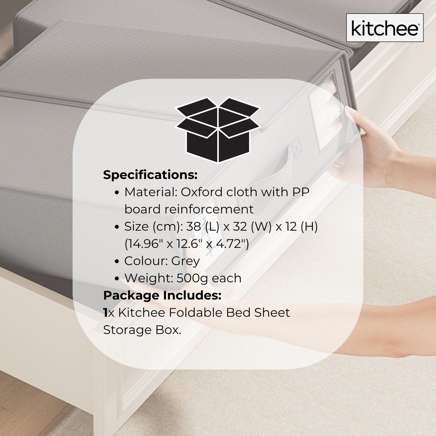 Kitchee foldable bed sheet storage box with specifications overlay