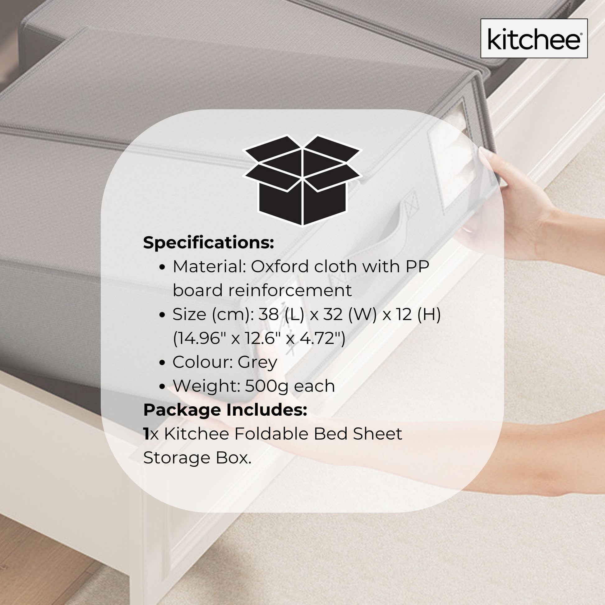Kitchee foldable bed sheet storage box with specifications overlay