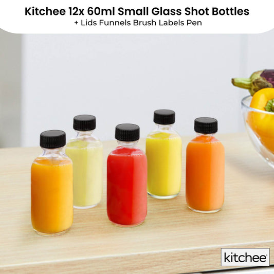 Kitchee 12x 60ml Small Glass Bottles + Lids Funnels Brush Labels Pen – view 2