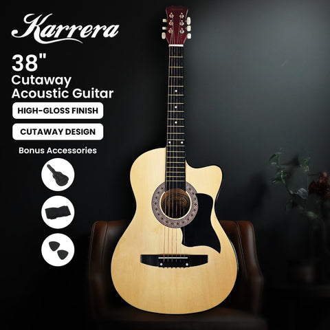 Karrera 38in Cutaway Acoustic Guitar with guitar bag - Natural - Auzzistore