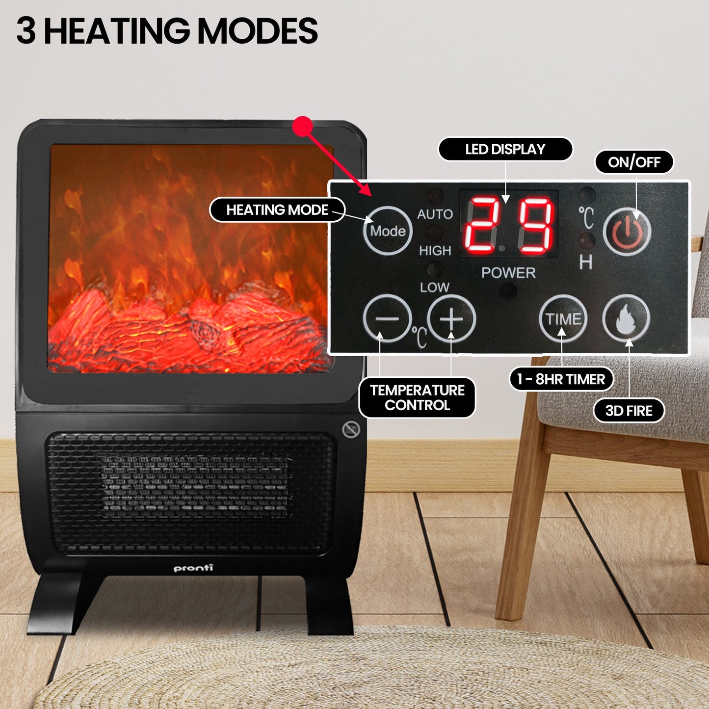 2000W 3D Fire PTC Electric Portable Room Heater