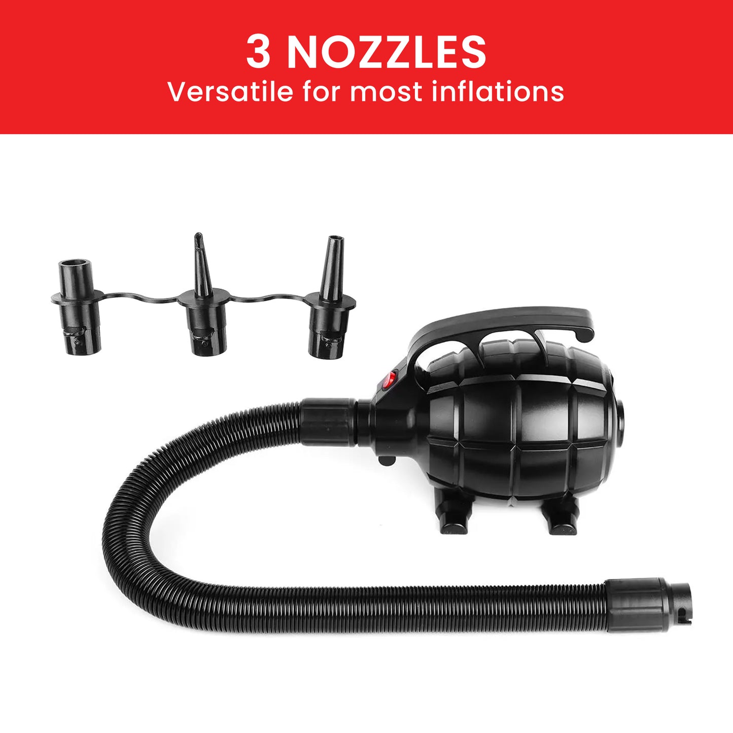 Powertrain 500W Electric Air Pump V240-IFP-HXG-SS-103 for Air Beds, Rafts, Pool Toys - 3 Nozzles, Rapid Inflation