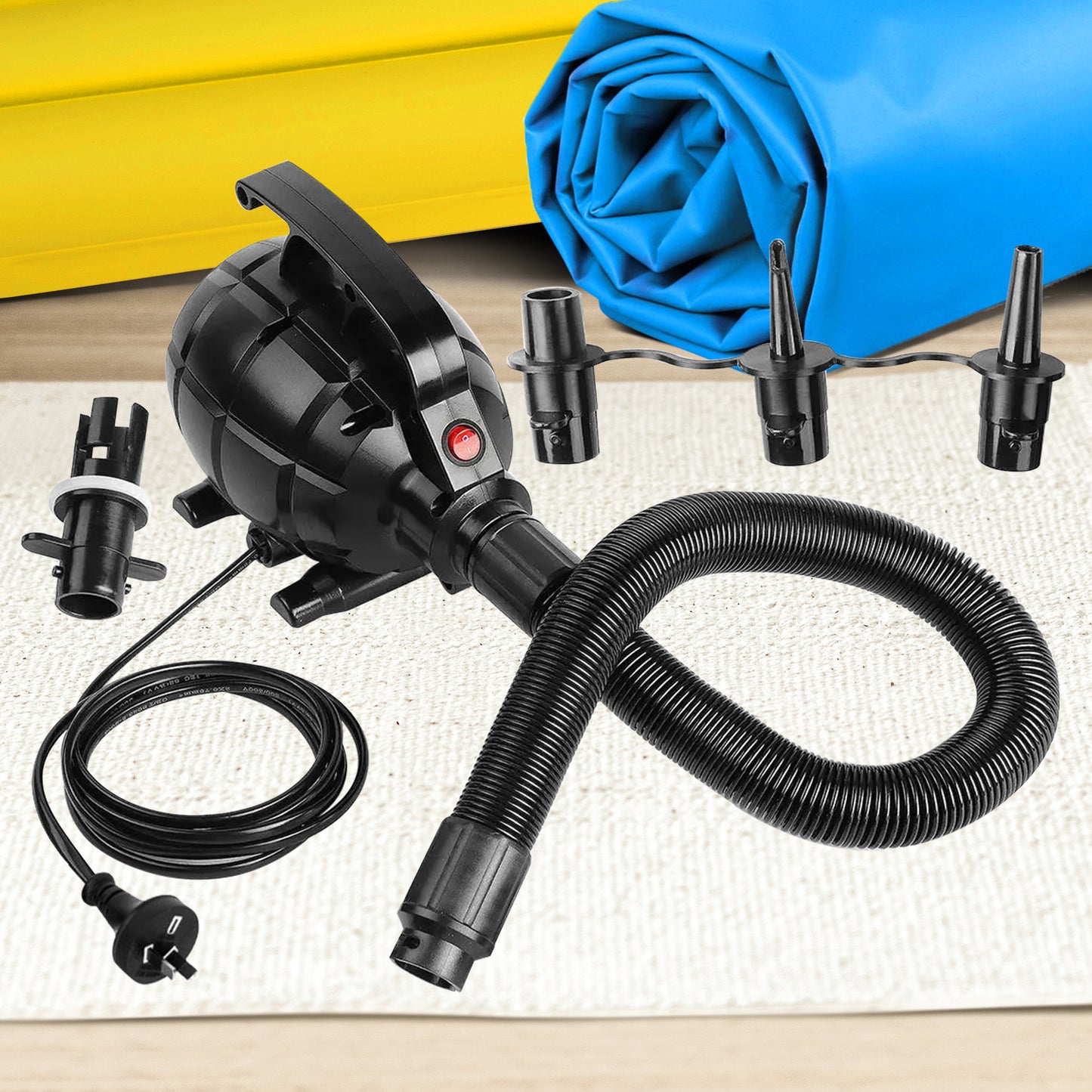 Powertrain 500W Electric Air Pump V240-IFP-HXG-SS-103 for Air Beds, Rafts, Pool Toys - 3 Nozzles, Rapid Inflation