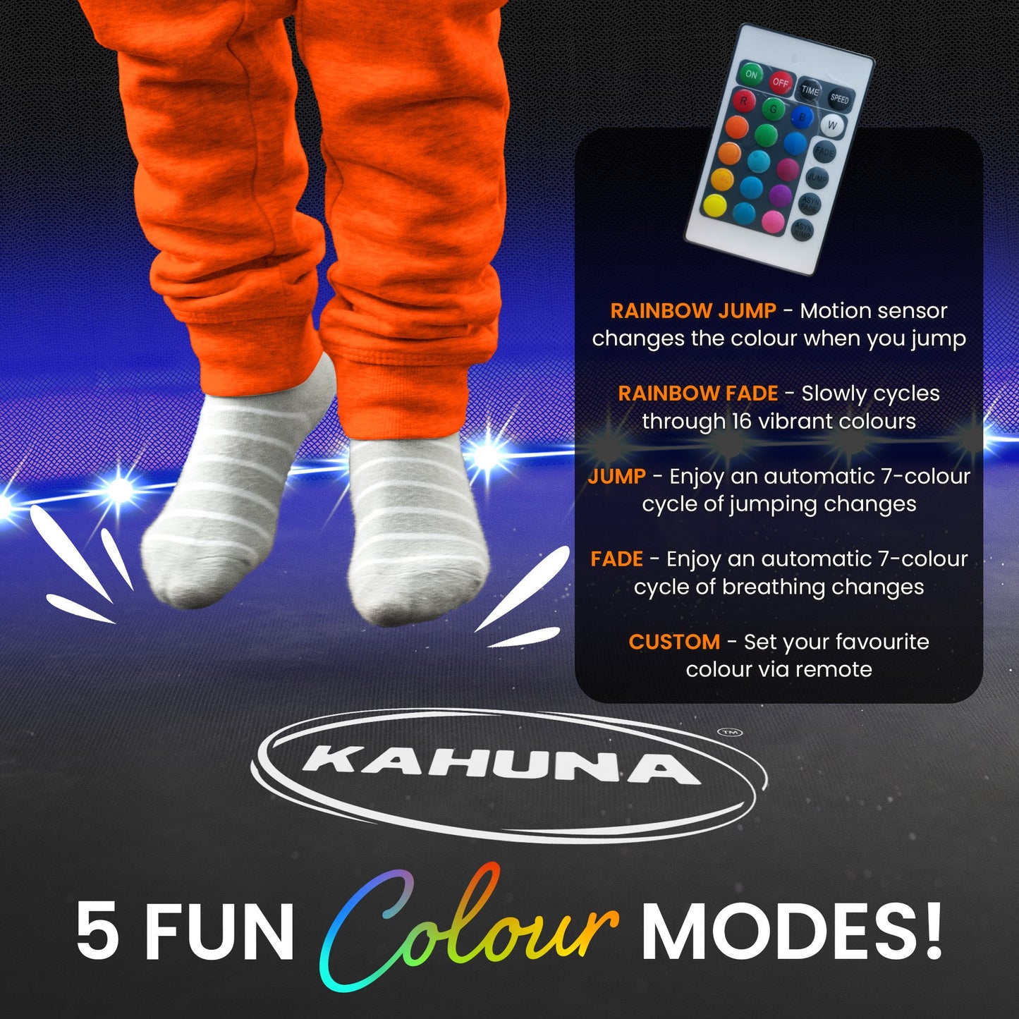 Kahuna LED Trampoline Lighting Kit 14m - 16 Colors, Motion Sensor, Remote, Weather-Resistant