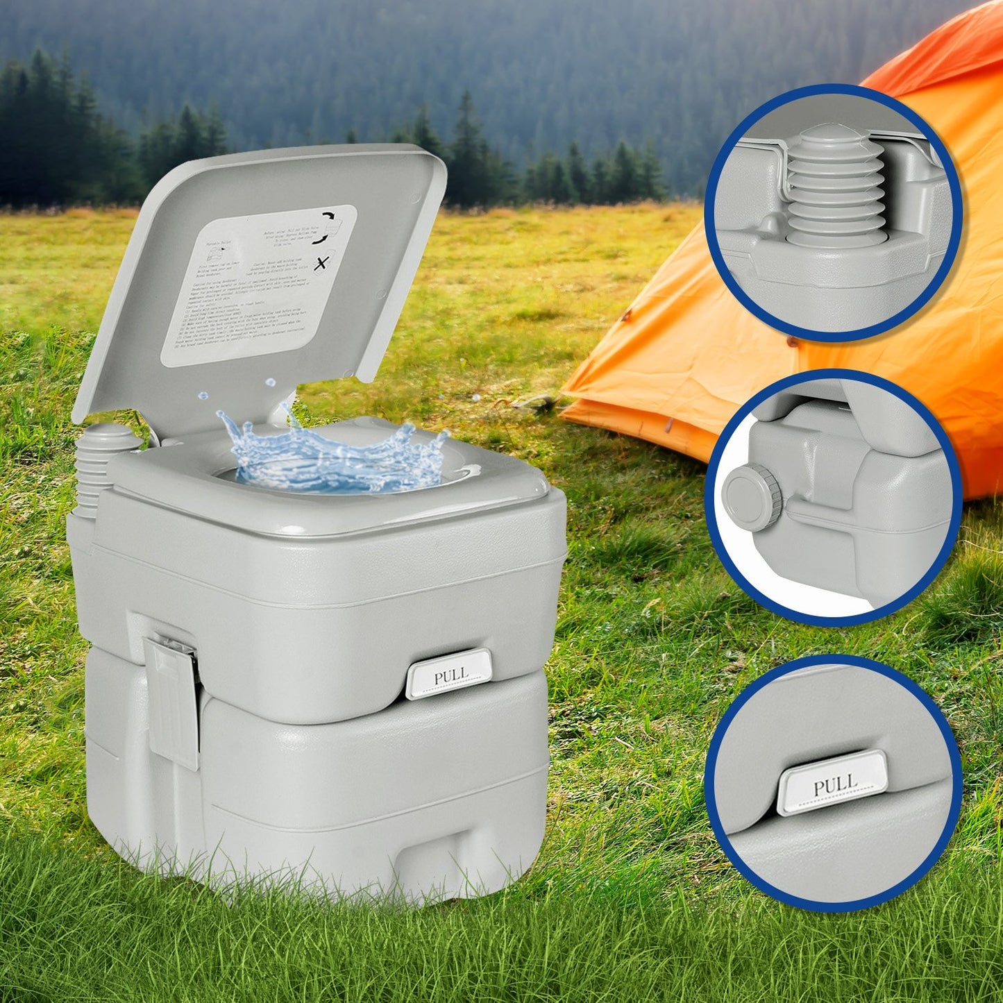 Wallaroo 20L Portable Toilet V240-PTL-MAS-20L-001, Press Flush Pump, Double-Sealed Valve, Durable PE/ABS