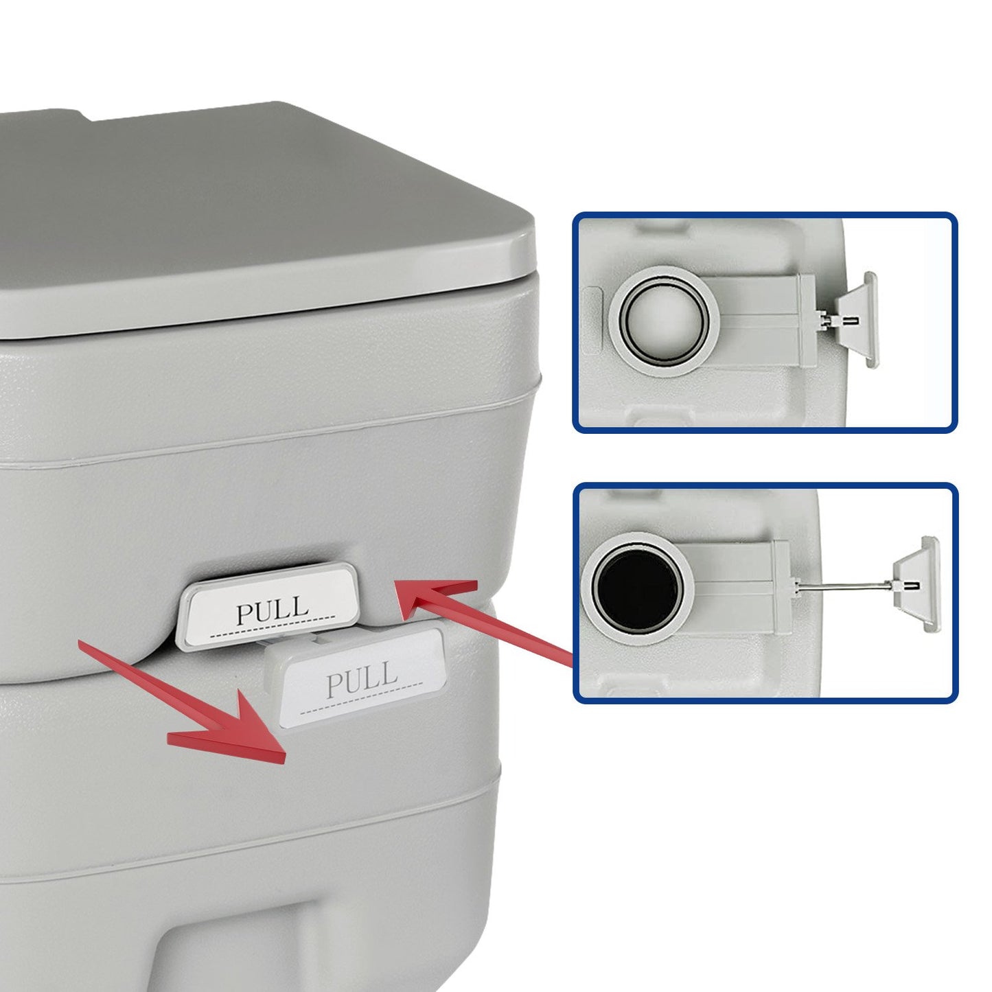 Wallaroo 20L Portable Toilet V240-PTL-MAS-20L-001, Press Flush Pump, Double-Sealed Valve, Durable PE/ABS