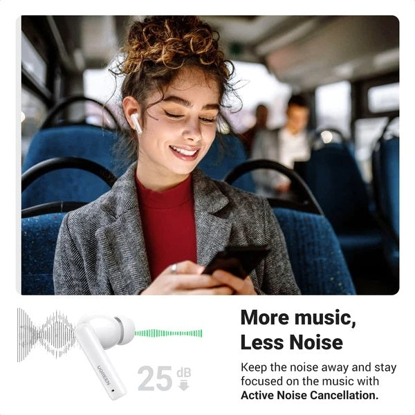 UGREEN HiTune T3 Wireless Earbuds, ANC, 10mm Driver, 7H Playtime, Bluetooth 5.3, USB-C Charging, White