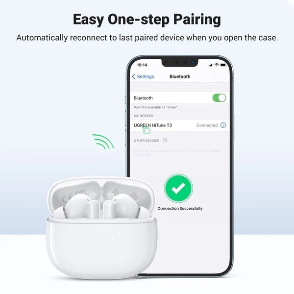 UGREEN HiTune T3 Wireless Earbuds, ANC, 10mm Driver, 7H Playtime, Bluetooth 5.3, USB-C Charging, White