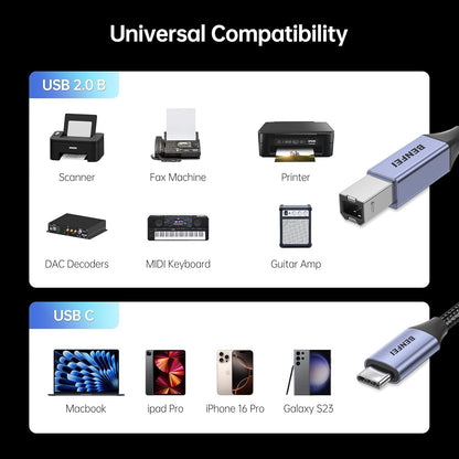 BENFEI 405GY-1.5M USB B to USB C Printer Cable, Nylon Braided, Premium Aluminium Alloy Case 1.5M