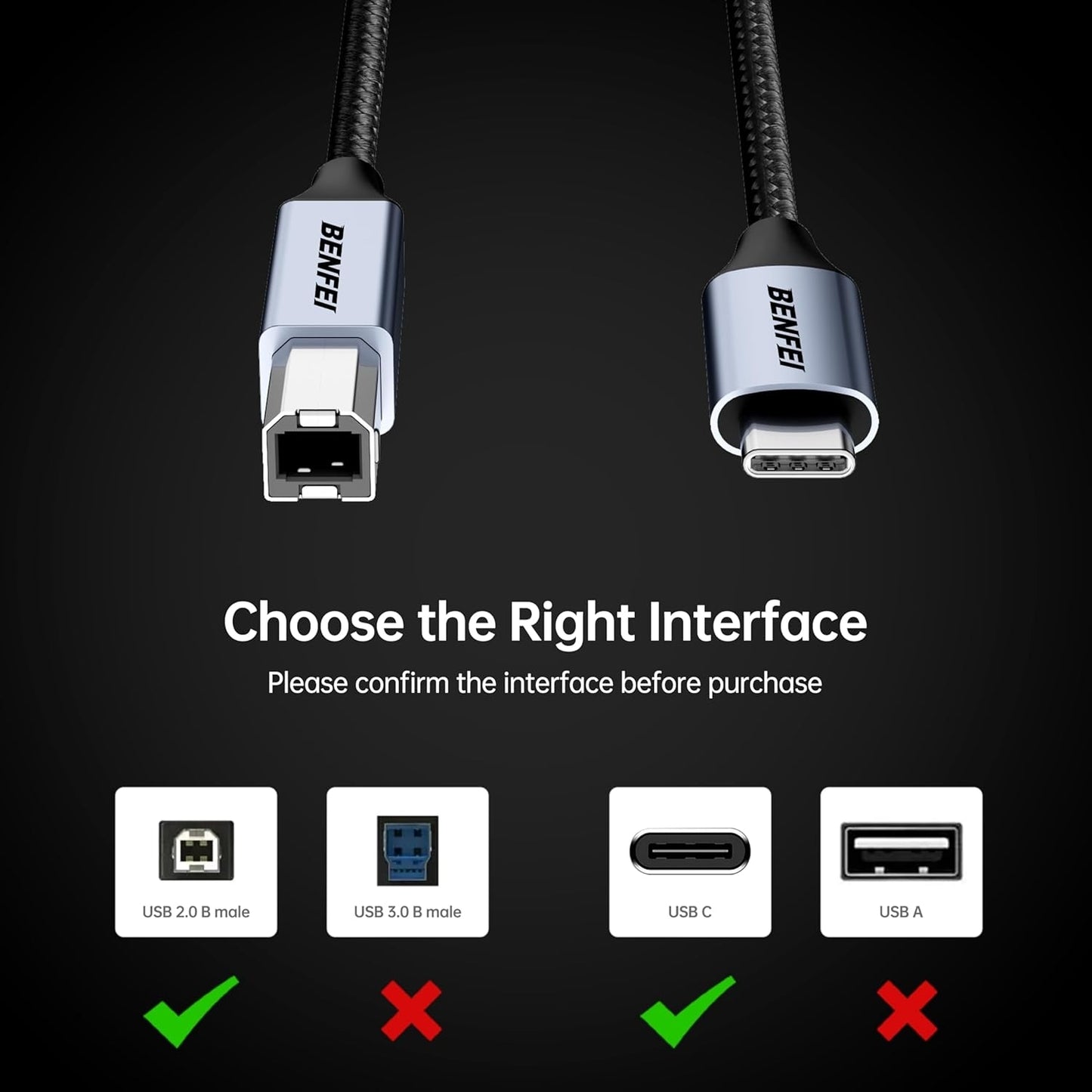 BENFEI 405GY-2M USB B to USB C Printer Cable, Nylon Braided, Premium Aluminium Alloy Case 2M