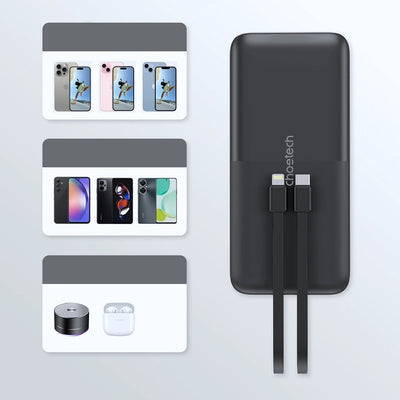 CHOETECH B654 10000mAh Pwer Bank 22.5W USB-A / USB-C / micro USB with built-in USB-C / Lightning cable - black