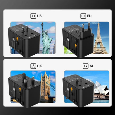 CHOETECH PD5020 35W EU/US/AUS/UK Travel Adapter with Built-in USB-C Cable - Black