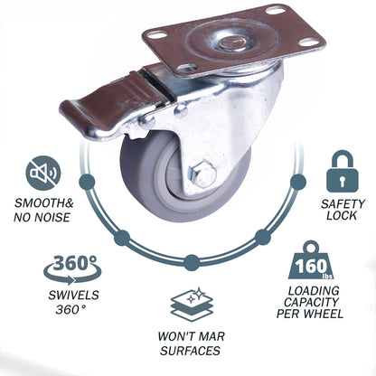 3 Inch Heavy Duty Swivel Caster Wheel with Brake, Dual Locking, 75kg Load, TPR Rubber, Zinc Plated Steel
