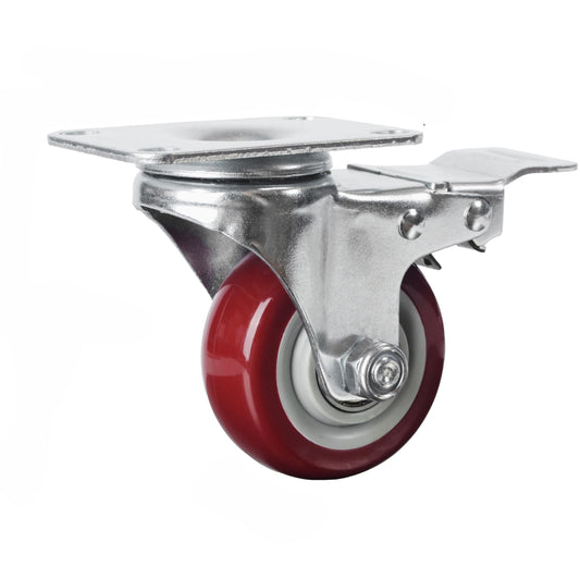 3" Heavy Duty Swivel Caster Wheel with Brake, Polyurethane, Roller Bearing, Ideal for Workbenches & Carts
