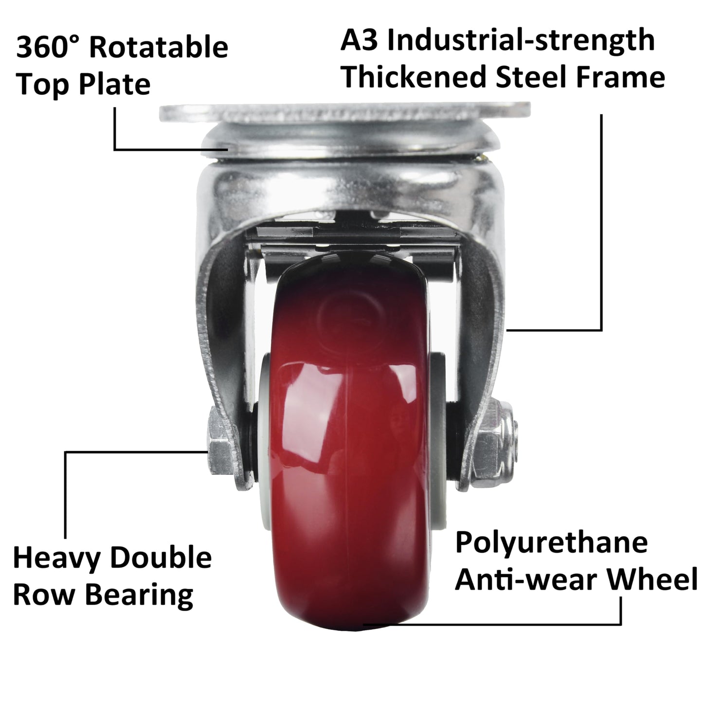 3" Heavy Duty Swivel Caster Wheel with Brake, Polyurethane, Roller Bearing, Ideal for Workbenches & Carts
