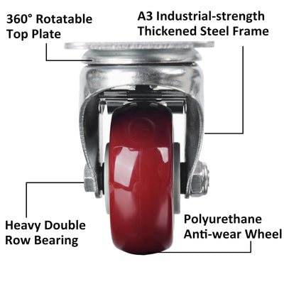 3" Heavy Duty Swivel Caster Wheel with Brake, Polyurethane, Roller Bearing, Ideal for Workbenches & Carts