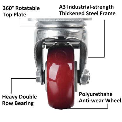 3" Heavy Duty Swivel Caster Wheel with Brake, Polyurethane, Roller Bearing, Ideal for Workbenches & Carts