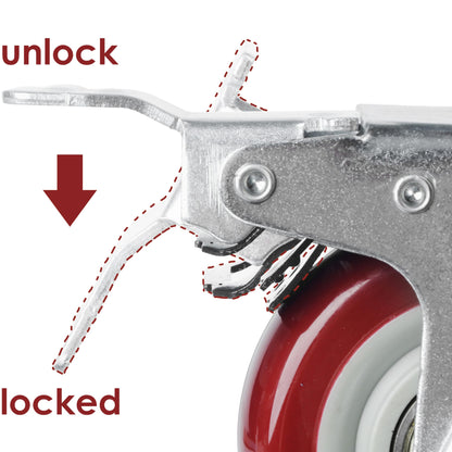 3" Heavy Duty Swivel Caster Wheel with Brake, Polyurethane, Roller Bearing, Ideal for Workbenches & Carts