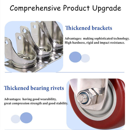 3" Heavy Duty Swivel Caster Wheel with Brake, Polyurethane, Roller Bearing, Ideal for Workbenches & Carts