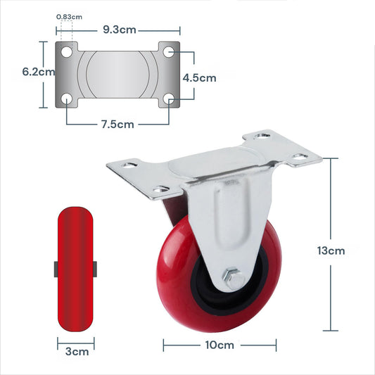 4" Heavy Duty Fixed Caster Wheels, Polyurethane, 130kg Capacity, Industrial Design for Workbenches & Carts – view 2 - Auzzistore