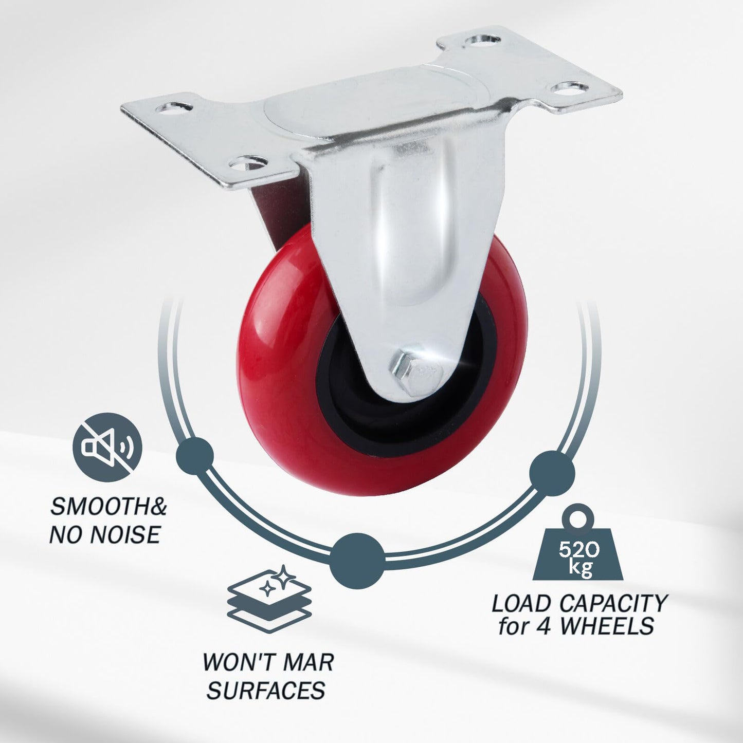 4" Heavy Duty Fixed Caster Wheels, Polyurethane, 130kg Capacity, Industrial Design for Workbenches & Carts