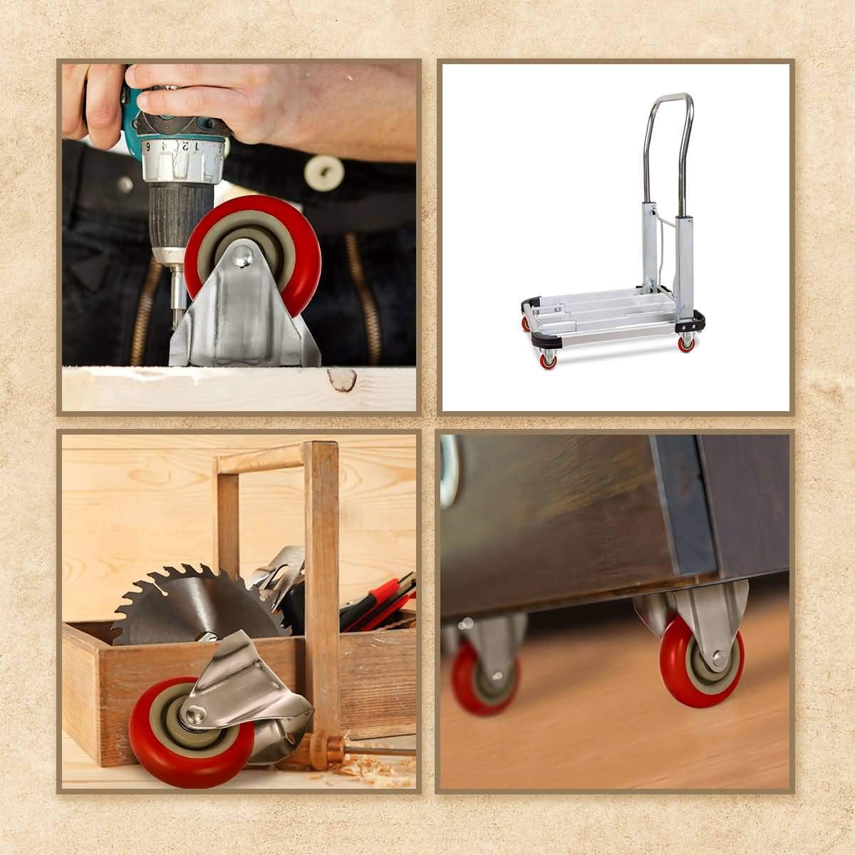 4" Heavy Duty Fixed Caster Wheels, Polyurethane, 130kg Capacity, Industrial Design for Workbenches & Carts