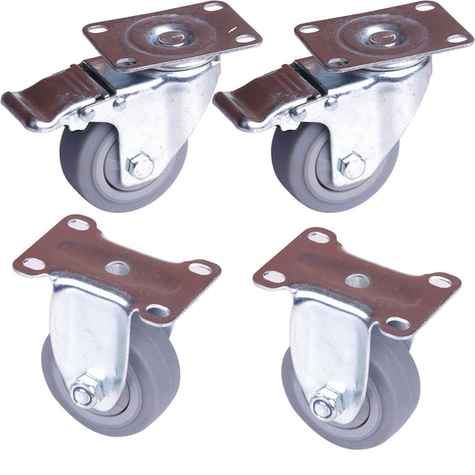 3" Heavy Duty Swivel & Fixed Caster Wheels Set of 4, Dual Locking, 300kg Capacity, TPR Rubber, Zinc Plated Steel