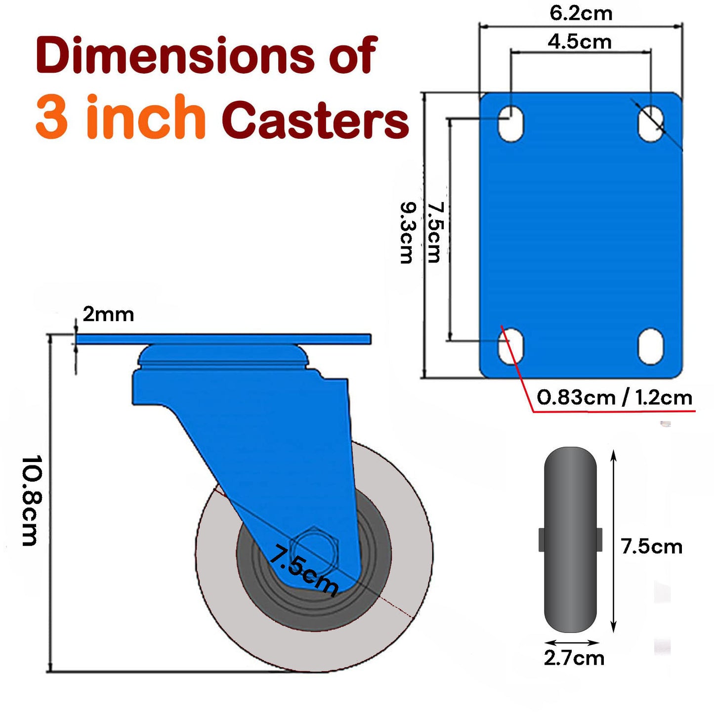3" Heavy Duty Swivel & Fixed Caster Wheels Set of 4, Dual Locking, 300kg Capacity, TPR Rubber, Zinc Plated Steel