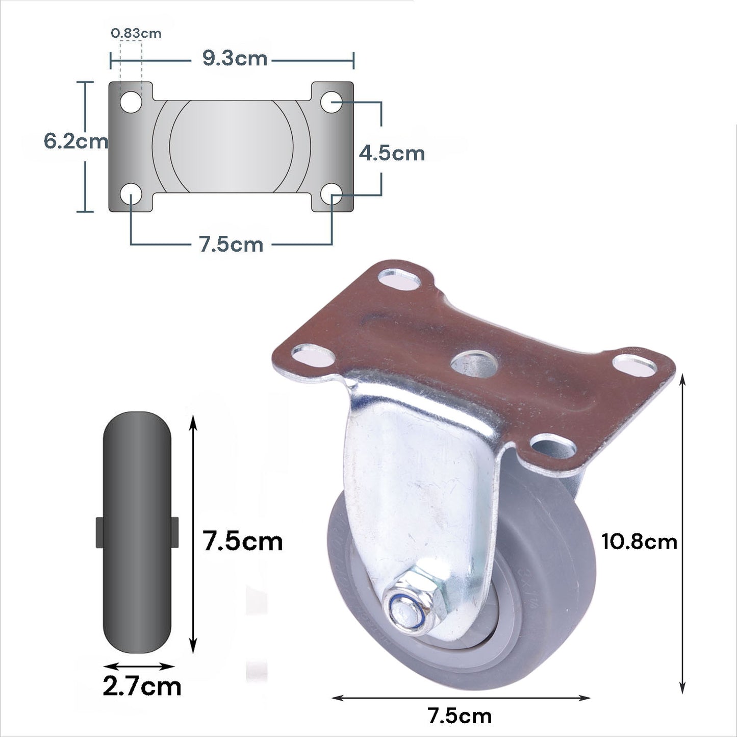 3" Heavy Duty Swivel & Fixed Caster Wheels Set of 4, Dual Locking, 300kg Capacity, TPR Rubber, Zinc Plated Steel
