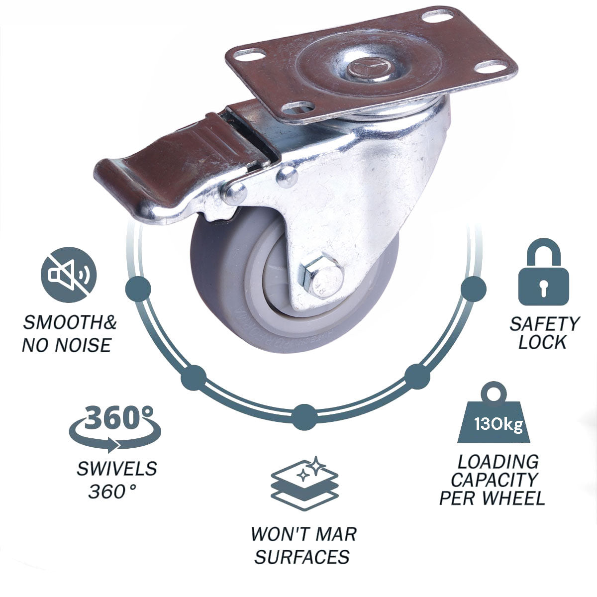 4" Heavy Duty Swivel Brake Locking Caster Wheels Set, 520kg Capacity, Dual Lock, 2 Swivel, 2 Fixed, TPR Rubber
