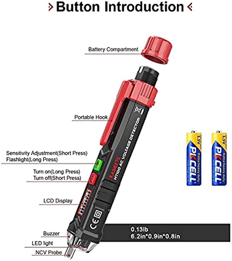 KAIWEETS HT100 Non-Contact Voltage Tester, Dual Range 12V-1000V/48V-1000V, LCD Display, LED Flashlight, CAT III/IV