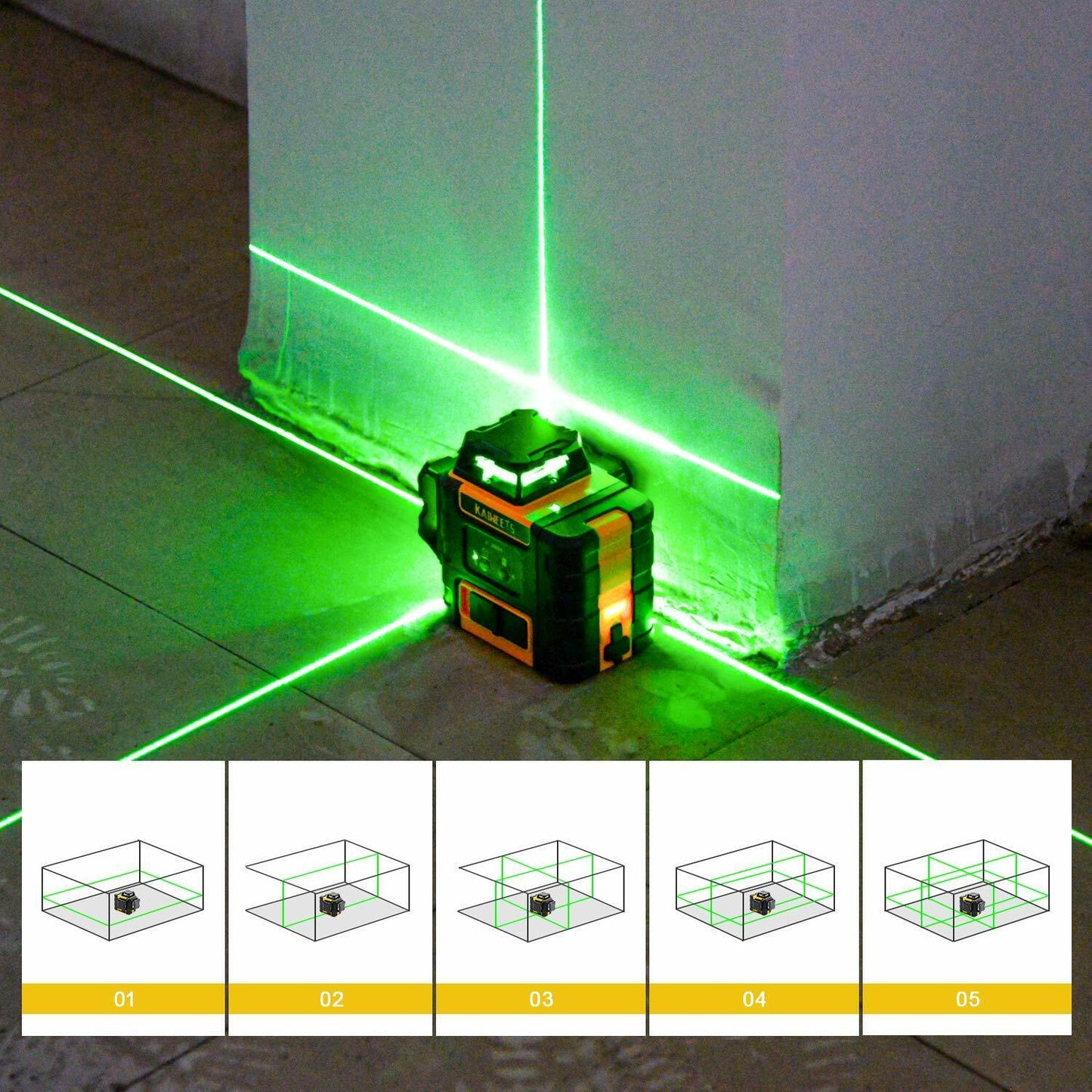 KAIWEETS KT360A Green Laser Level 3x360° Self-Leveling, 196ft Range, 40hr Battery, IP54 Waterproof