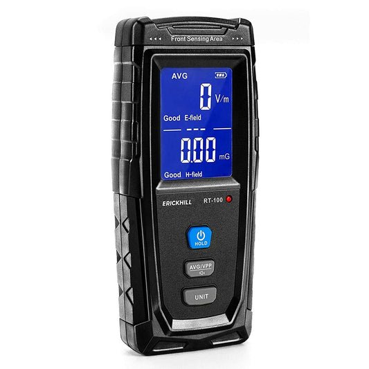 ERICKHILL EMF Meter V413-RT-100 Digital Electromagnetic Field Detector, LCD Display, Sound-Light Alarm, 1V/m-1999V/m, 0.01μT-99.99μT - Auzzistore