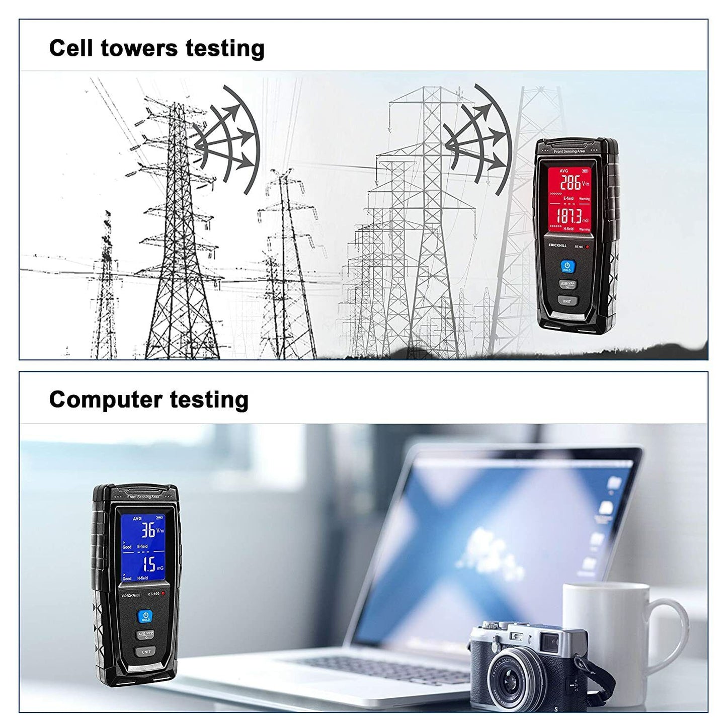 ERICKHILL EMF Meter V413-RT-100 Digital Electromagnetic Field Detector, LCD Display, Sound-Light Alarm, 1V/m-1999V/m, 0.01μT-99.99μT