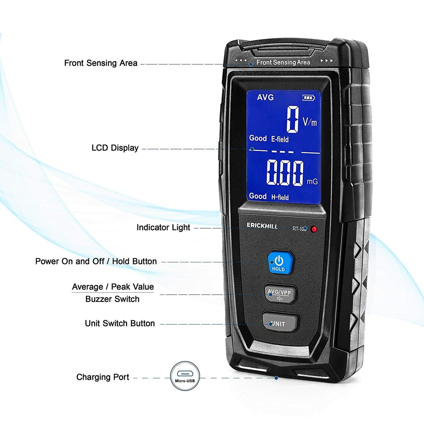 ERICKHILL EMF Meter V413-RT-100 Digital Electromagnetic Field Detector, LCD Display, Sound-Light Alarm, 1V/m-1999V/m, 0.01μT-99.99μT