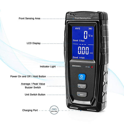 ERICKHILL EMF Meter V413-RT-100 Digital Electromagnetic Field Detector, LCD Display, Sound-Light Alarm, 1V/m-1999V/m, 0.01μT-99.99μT