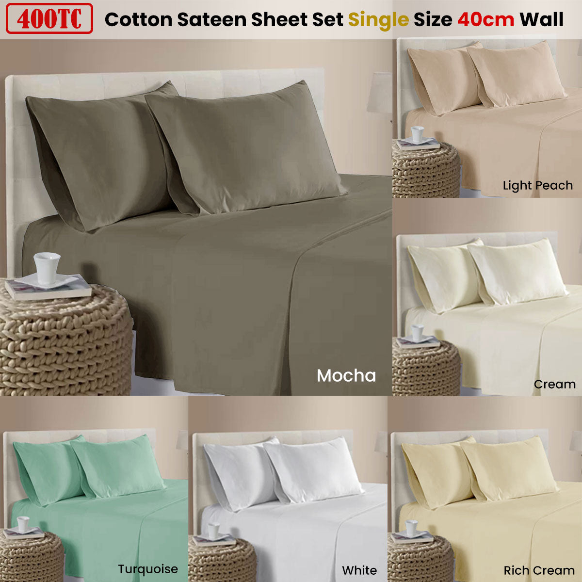 400TC 100% Cotton Sateen Premium Sheet Set 40cm Wall Rich Cream Single