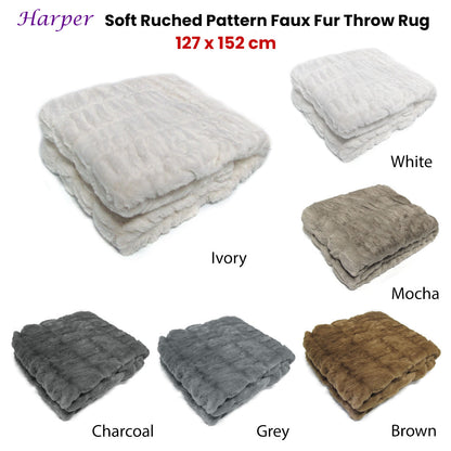 Harper Soft Ruched Pattern Faux Fur Throw Rug 127 x 152 cm White