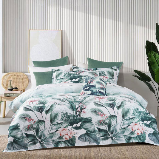 Bianca Abbey Green Cotton Sateen Tropical Floral Quilt Cover Set Queen - Auzzistore