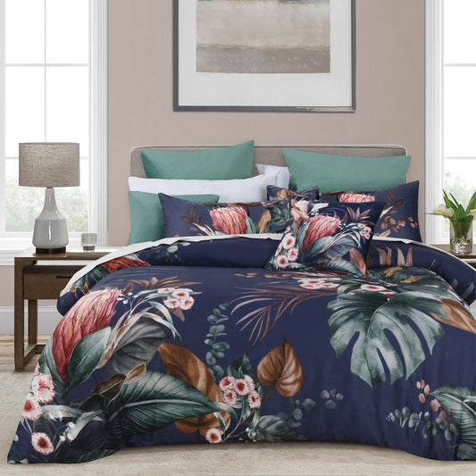Bianca Balwyn Navy Cotton Sateen Botanical Quilt Cover Set Queen - Auzzistore