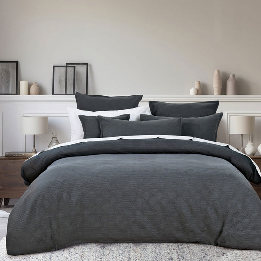 Bianca Hallston Charcoal Pre-Washed Cotton Quilt Cover Set Super King - Auzzistore
